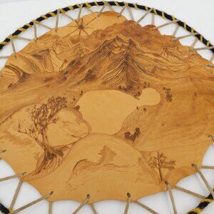 Leather Burned Wall Hanging Round Landscape Scene Native Craft Poem 14.5" Dia